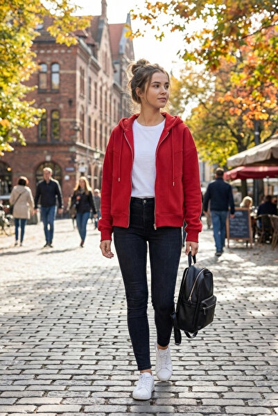 Le'sluette shadow of style Women's Oversized 100% Cotton Front Cut-Out Metal Zipper Hooded Sweatshirt Red