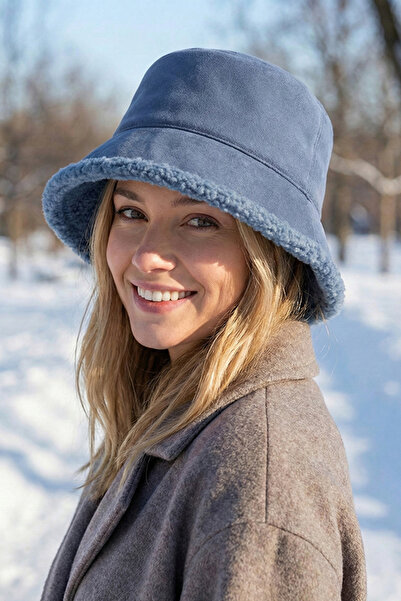 Kapin İçi Peluş Süet Kumaş Bucket Şapka Çift Taraflı - Mavi