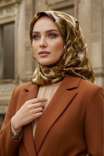 İmajButik Μαλακό ψηφιακό βαμβακερό κασκόλ Mustard İpekhan