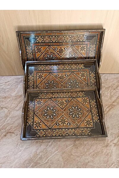 South house طقم صواني مستطيل خشب سوري منقوش بالصدف