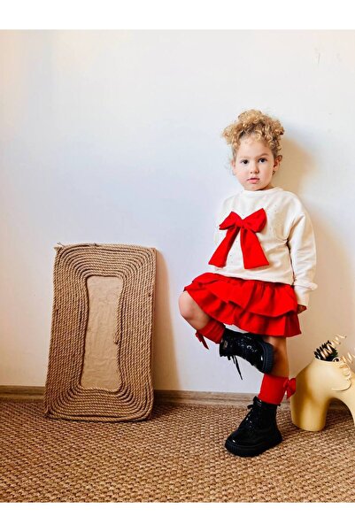 LEAKİDS Girl's Red Rtrk Stone-Beaded Bow-Tie Blouse Set