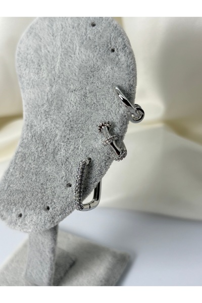 divakse Steel Earrings Set of Three Zircon Stone Clip-On Model Silver