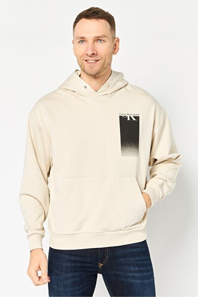 Calvin Klein Jeans Men Long Sleeve Brand Logo Hoodie, Beige