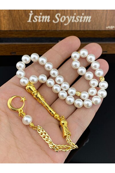 Tesbih Store Ayyıldızlı İnci Tesbih 9mm Ahşap Kutulu İsim Yazılı Reis Tesbihi...