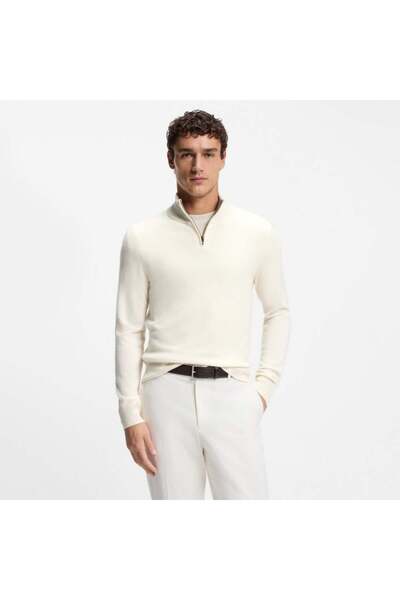 BOSS Men's Regular Fit Wool-Cashmere Blend Half-Zip Mock Neck Pack Ecru Sweater 50549984-131