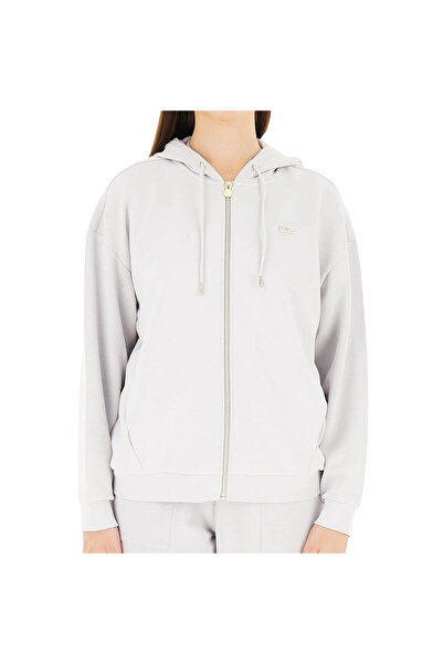 EA7 Women Hooded Collar Pocket Detail Zipper Closure Long-Sleeved Gray Sweatshirt 7W000192 Af12643-U9001