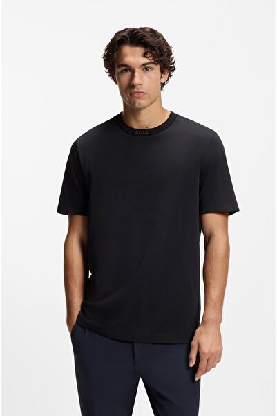 BOSS تي شيرت رجالي بشعار وياقة دائرية مصنوع من القطن بنسبة 100% بأكمام قصيرة باللون الأزرق الداكن 50554862-402