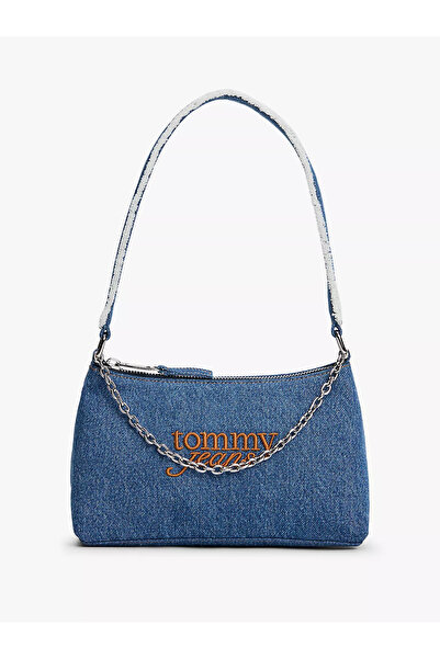 Tommy Hilfiger Women's Chain Accessory Zippered Inner Pocket Denim Navy Blue Shoulder Bag Aw0Aw18575-1A7