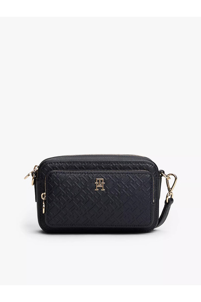 Tommy Hilfiger Women's Monogram Logo Embossed Zippered Front Pocket Navy Blue Shoulder Bag Aw0Aw18121-Dw6