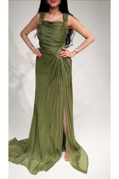 Gardenia Fashion Olive Green Crinkle Dress with Attractive Side Slit