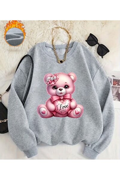 herkesemoda Pink Teddy Bear Print Detailed Crew Neck Sweatshirt