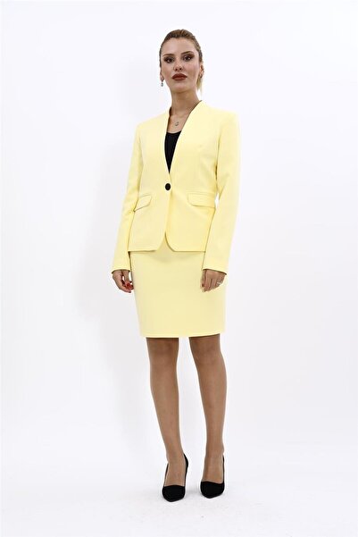 ÖNDER ÖZSOY Collarless Single Button Classic Jacket & Mini Slit Short Tight S...