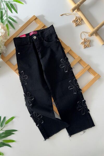 Minigimin Cicileri Miniğimin Cicileri Kenarı Daisy Striped Detail Girls' Soft Denim Trousers - Black