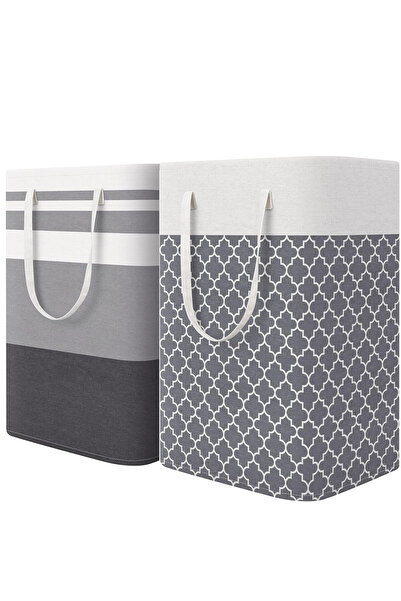 L&Wen 2Pcs Laundry Hamper, Collapsible Clothes Basket with Handles, Freestanding Waterproof, 75L-Grey
