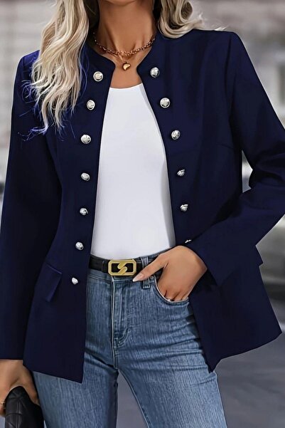 Mossta Hakim Collared Buttoned Atlas Jacket - Navy Blue