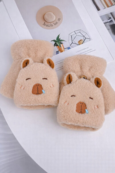 MD Moda Accessories Sevimli Kapibara Desenli Peluş Parmaksız Kadın Eldiven – ...