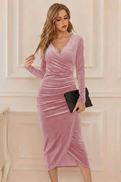 Mossta Double-Breasted Collar Waist Drawstring Detail Midi Velvet Dress - Pink