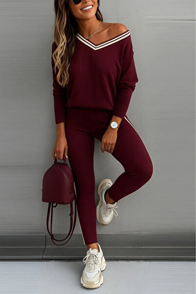 nedo7 Women's Long Sleeve One Shoulder Detailed Viscose Two Thread Blouse and Pants Two Piece Set