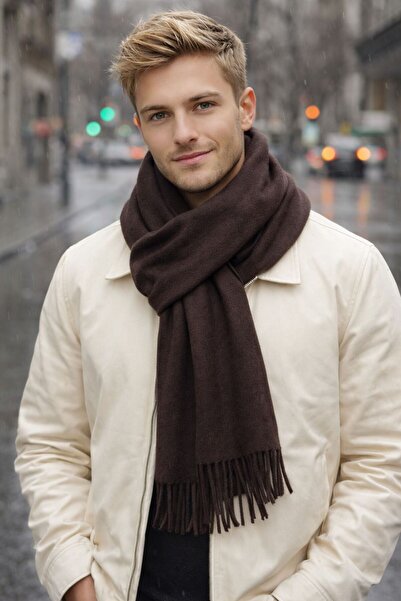FELLMENS Dark Brown Wool Cashmere Tasseled Men's Scarf 180X33 cm