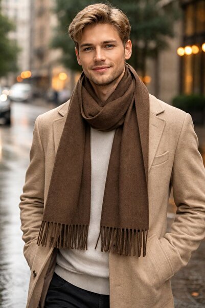 FELLMENS Brown Wool Cashmere Tassel Men's Scarf 180X33 cm