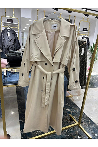 Butik Krem Kuşaklı Trençkot: Klasik Yaka Tesettür Dış Giyim