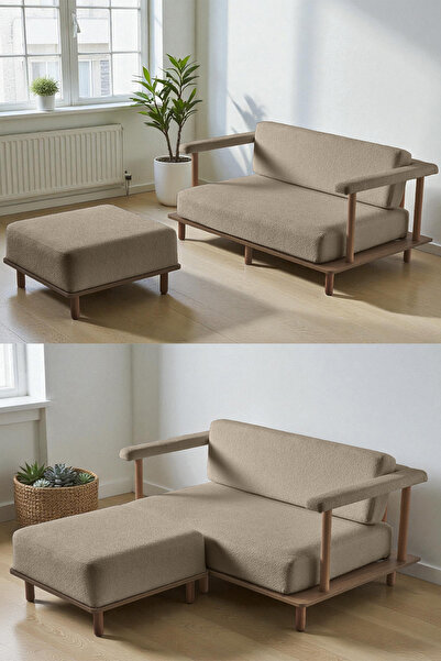 Eymense Pia İkili Koltuk + Puf Sütlü Kahve