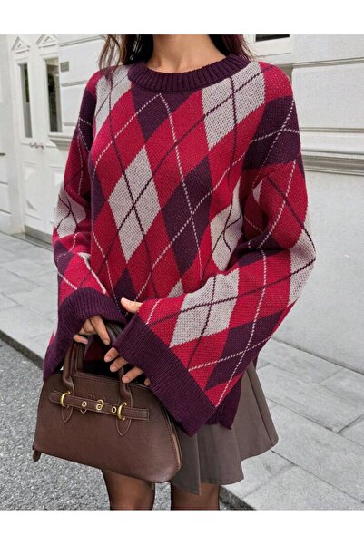 banessa Pulover de damă supradimensionat, cu model baklava și șliț lateral