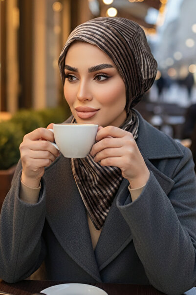 Aişe tesettür Füme Çizgili Kadife Bere Ve Etol Takım