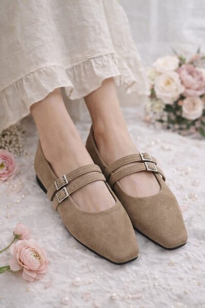 Slipcat Women's Top-Strapped Double Buckle Double Strap Buckle Suede Ballerinas Suede