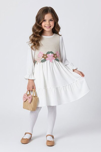 Minigimin Cicileri My Little Girl's Long Sleeve Dress with Flower Appliques -...