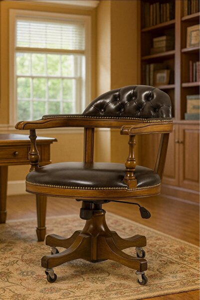 Albero Home KAPİTONE ÇALIŞMA SANDALYESİ – KAYIN AĞACI İSKELET | PARLAK CEVİZ RENK | AMORTİSÖRLÜ | TEKERLEKLİ