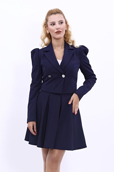 ÖNDER ÖZSOY Mini Draped Stylish Women's Jacket-Navy Blue