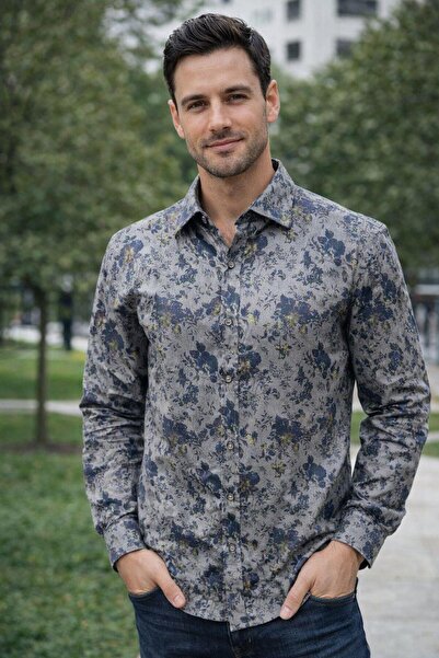 Polo State Men's Slim Fit Floral Pattern Denim Shirt