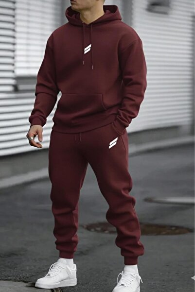 CAST COLLECTİON Men's Burgundy Double Line Printed Tracksuit Set