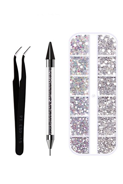 Generic Yujia Nail Art Crystal Rhinestones Gems Set with Double-Sided Wax Pen & Tweezers, Transparency Cryst