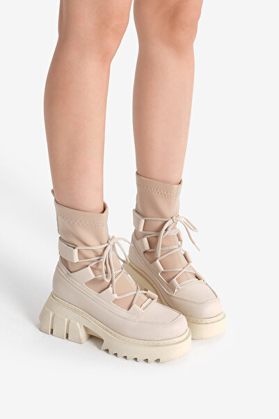 Tonny Black Women's Beige Thick Platform Poly Sole Stretch Lace-Up Boots