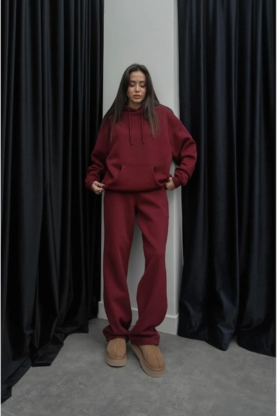 YAKAMEL طقم رياضي نسائي من بغطاء رأس قطع موديل مبطن بالصوف A بتصميم بوي فريند