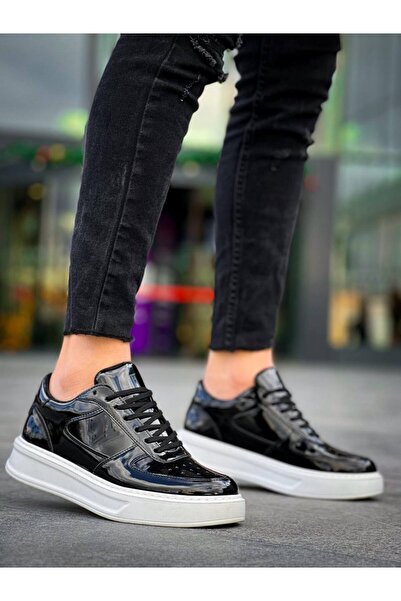 Zapatos حذاء رياضي رجالي KB-X8 برباط من الجلد اللامع للاستخدام اليومي RBT - أسود