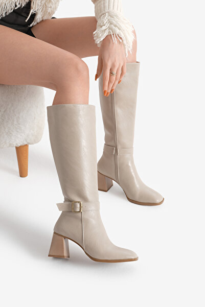 Tonny Black Women's Beige Tpu Sole Buckle Zippered Below-The-Knee Heeled Boots