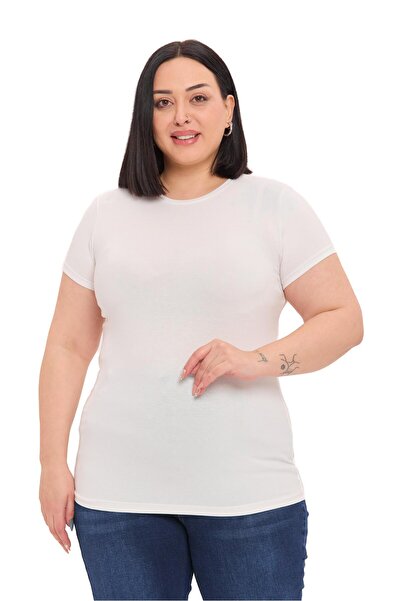 DISENTIS MODEST Plus Size Crew Neck Short Sleeve Viscose Ecru Bodysuit