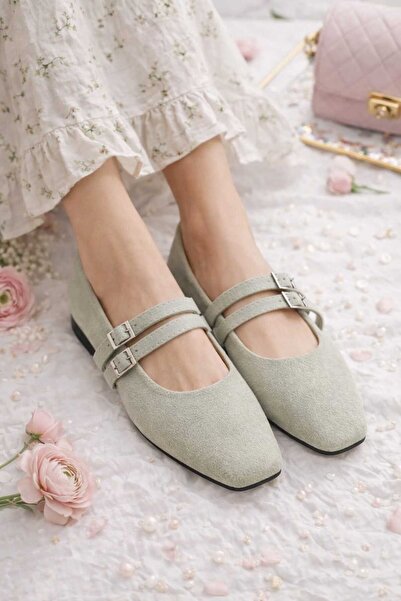 Slipcat Balerini din piele intoarsa pentru femei, cu centura superioara, cu catarama dubla, cu curea dubla, cu catarama, din piele intoarsa