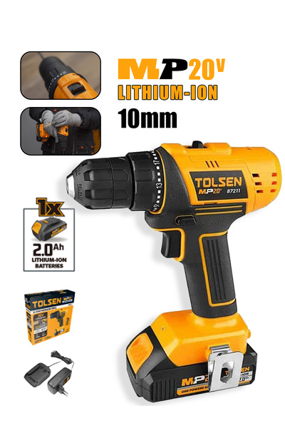 TOLSEN دريل لاسلكي منزلي ٣٥ نيوتن متر، بطارية ليثيوم ٢.٠Ah مع شاحن سريع، سرعتين للخشب والحديد