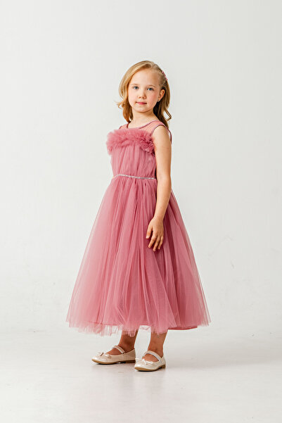 happyTekstil فستان سهرة للأطفال مع تنورة منفوشة لحفلات التخرج بلون وردي باهت