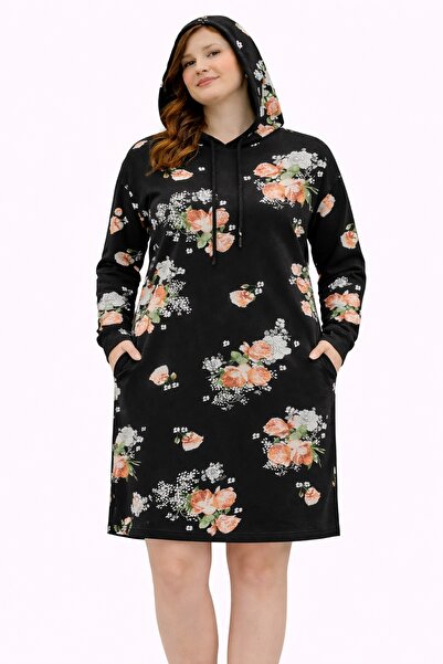 Şans Rochie tunică pentru femei, mărime mare, neagră, cu imprimeu floral, cu buzunare laterale, cu glugă 65N39297