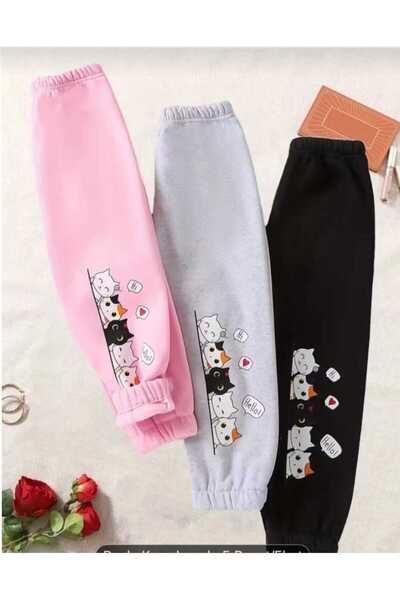 Kids Trening pentru fete cu imprimeu Cats, 3 piese, de iarnă, roz și negru