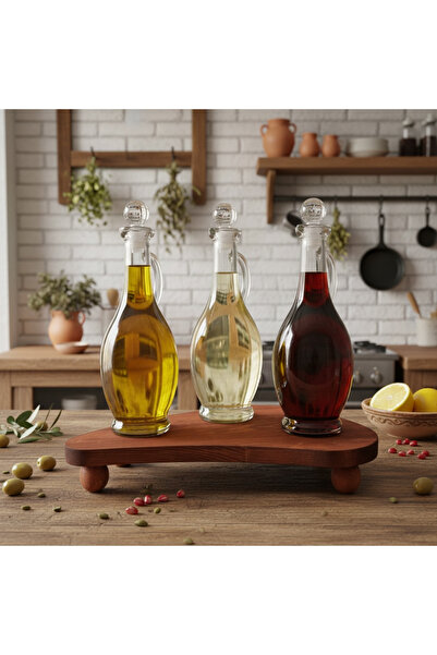 Rembox 3’lü Kristal Tıpalı Kulplu Yağdanlık Seti – 500 ml Top Ayaklı Ahşap Standlı Yağdanlık