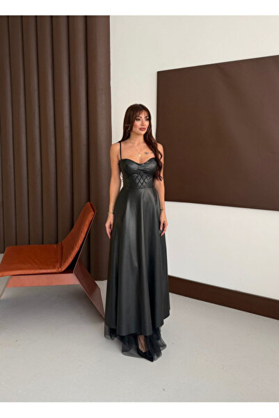 MAXMOOR LEROY Maxi Deri Elbise 9914 - Siyah