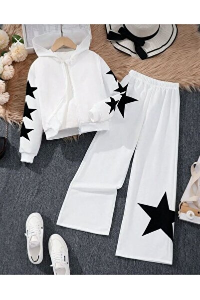 Kids Yıldız Baskılı Croplu 2 li Takım 2 iplik Alt Üst Takım beyaz