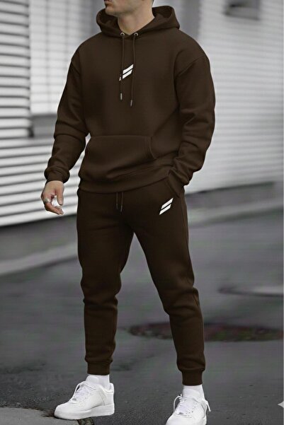 NO 601 طقم بدلة رياضية بقلنسوة باللون البني مخططة مزدوجة للرجال مطبوع