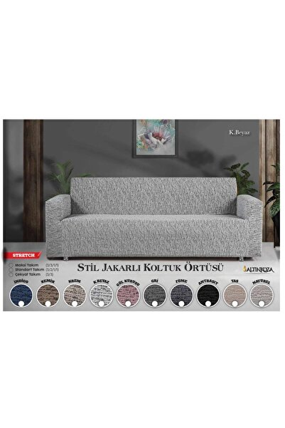 Bella Home Altınkoza Çekyat Stil Strech Koltuk Örtüsü (3+3) - Likralı - Lastikli - Oturma Grubu Kırık Beyaz